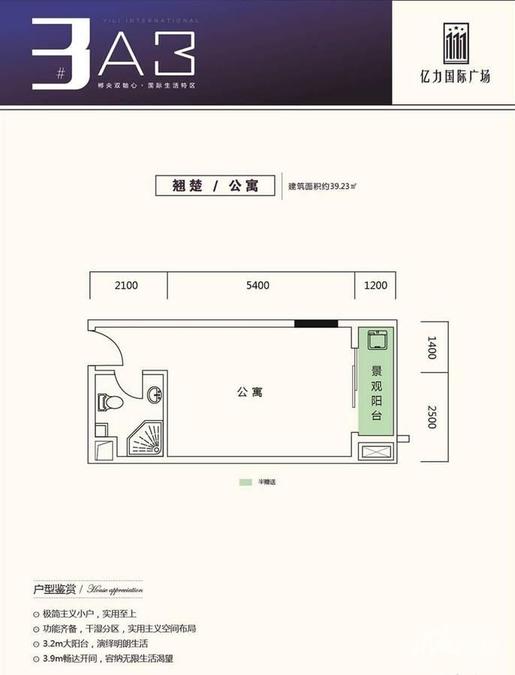 亿力国际广场1室1厅1卫39.2㎡户型图