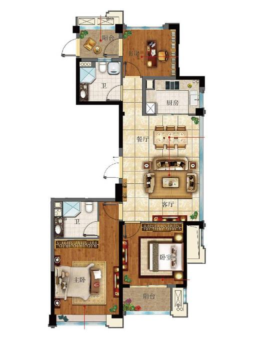 绿城玉兰花园3室2厅2卫124㎡户型图