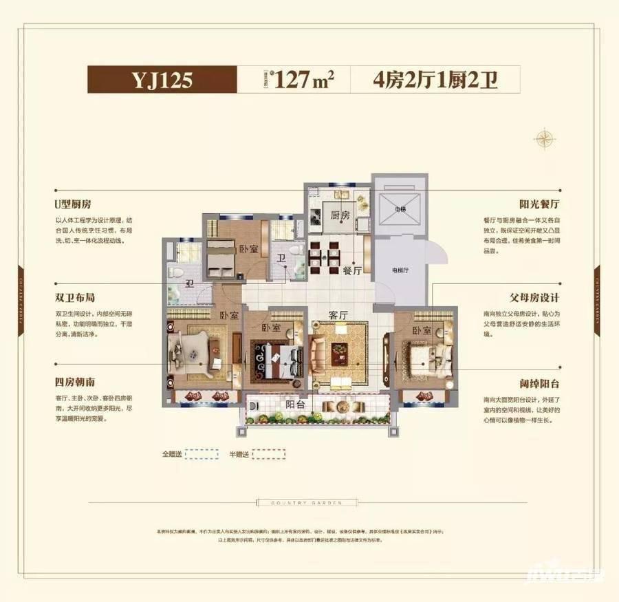 碧桂园大学印象4室2厅2卫127㎡户型图