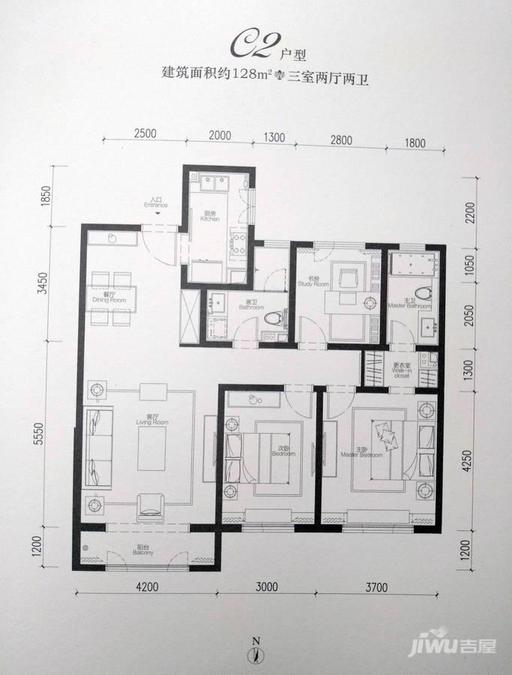 仁恒公园四季3室2厅2卫128㎡户型图