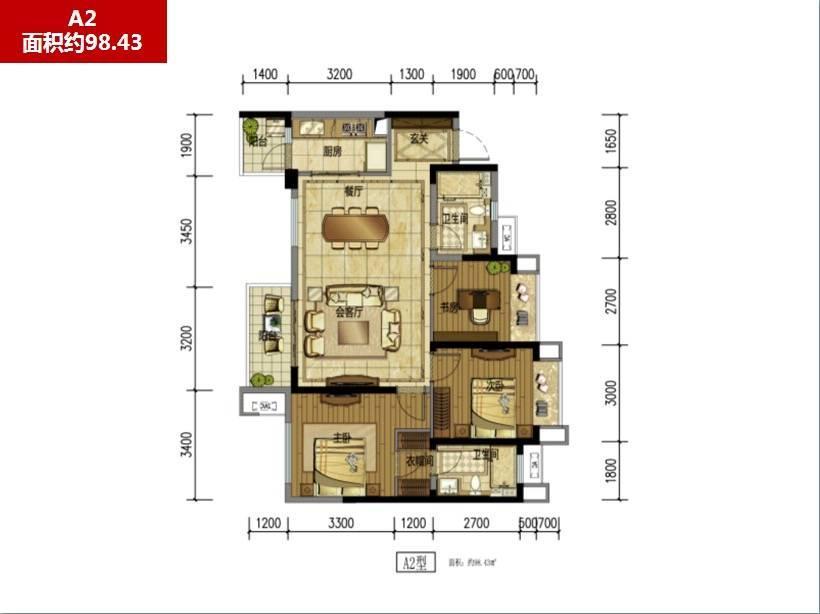 青秀未遮山商铺3室1厅2卫98.4㎡户型图