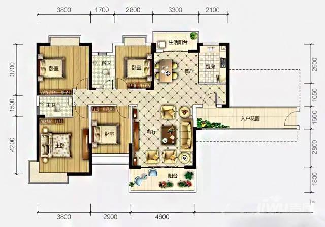 长鸿学府名城4室2厅2卫143.8㎡户型图