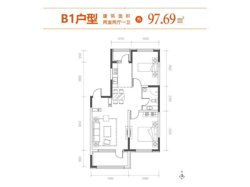 泰豪熙江悦2室2厅1卫97.7㎡户型图