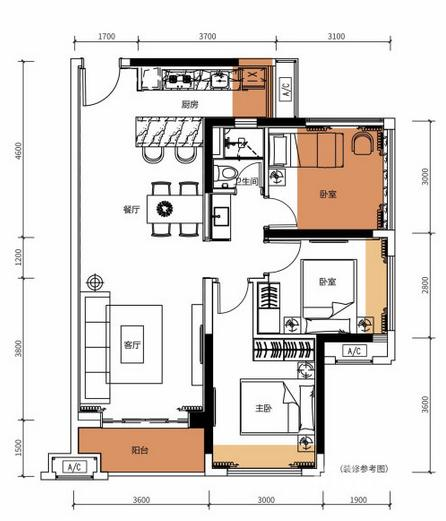 德威江誉城3室2厅1卫89㎡户型图