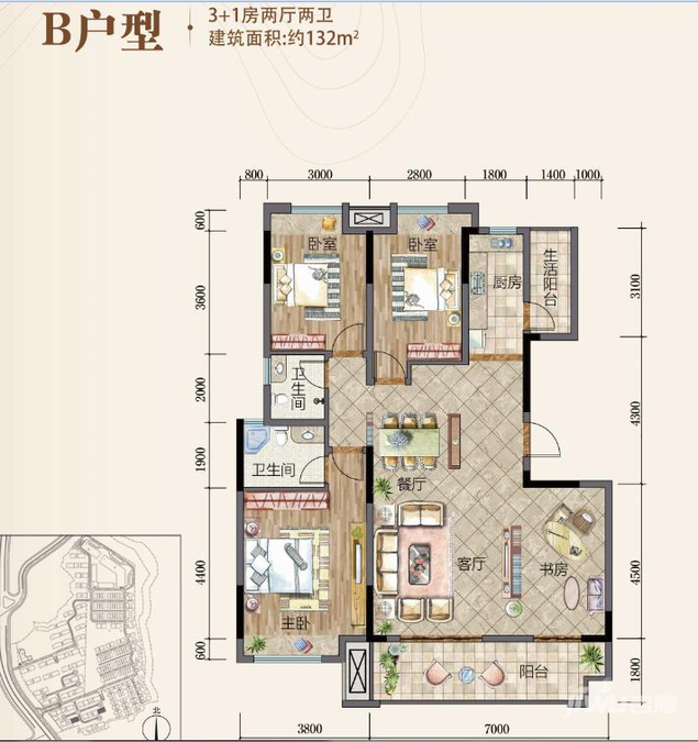 大龙湾4室2厅2卫132㎡户型图