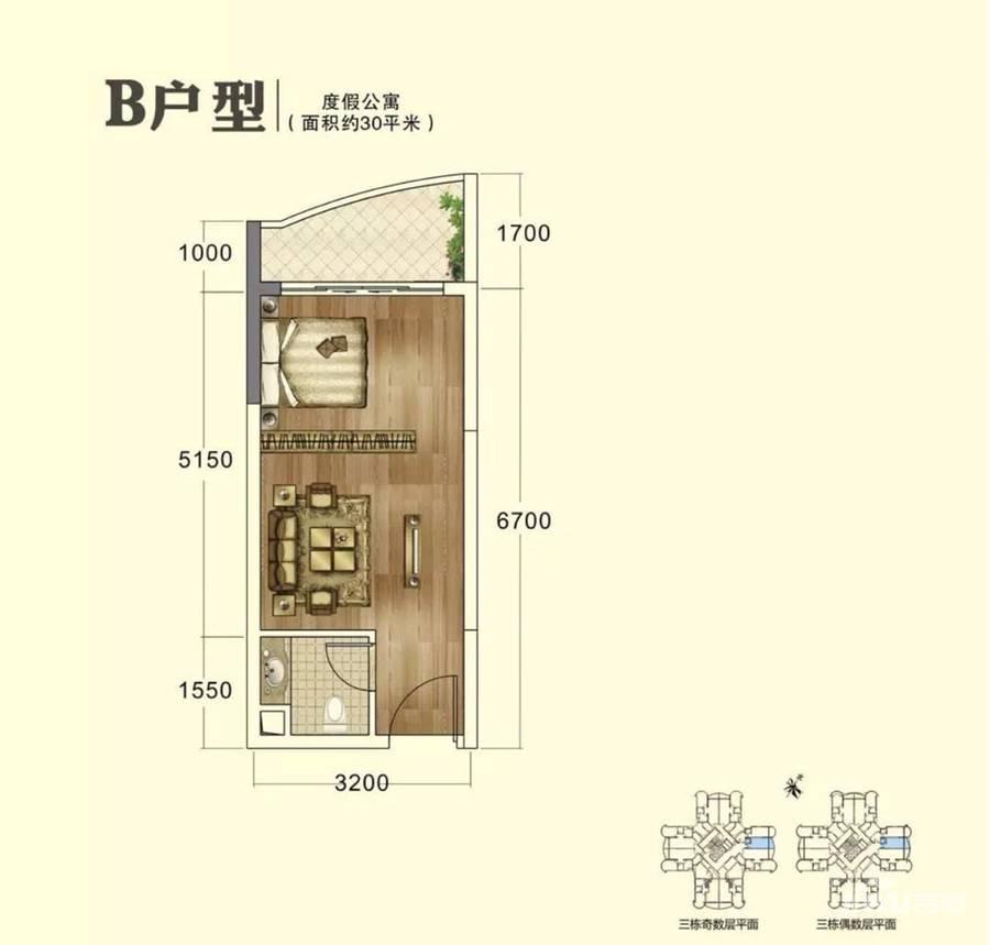 长银浅水湾1室1厅1卫30㎡户型图