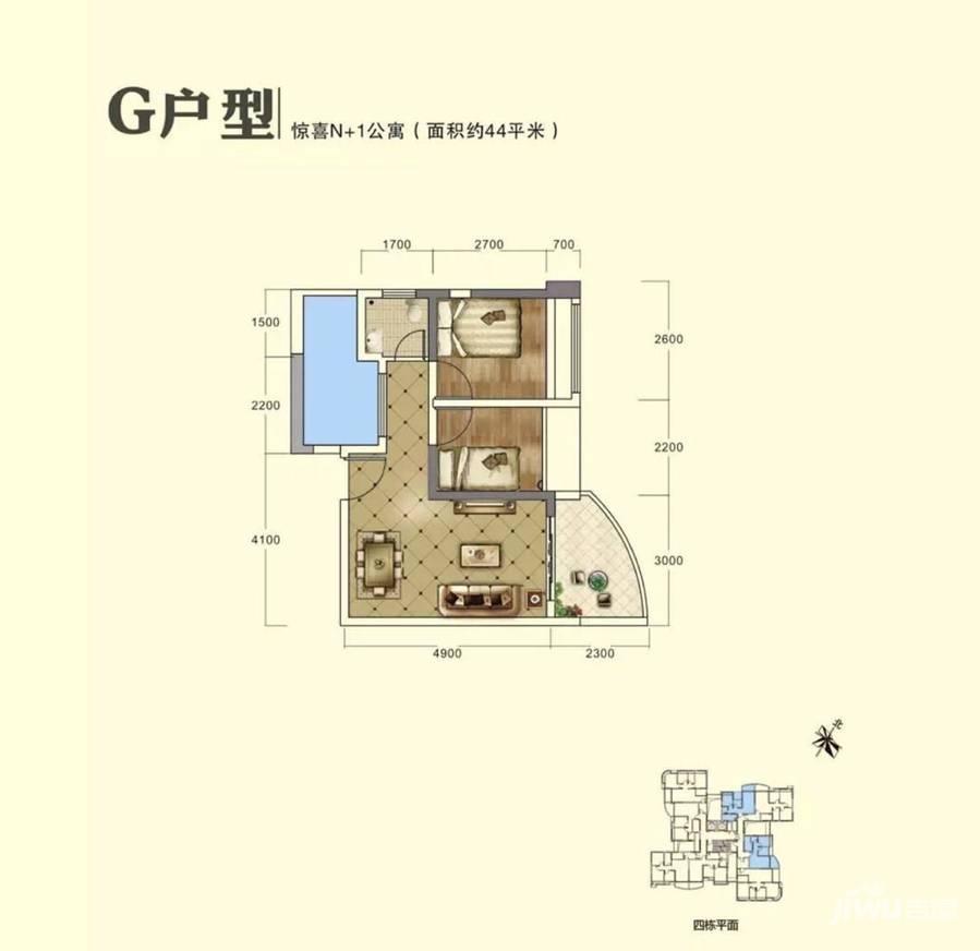 长银浅水湾2室1厅1卫44㎡户型图