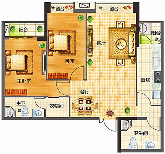 凯骏都会2室2厅2卫85㎡户型图