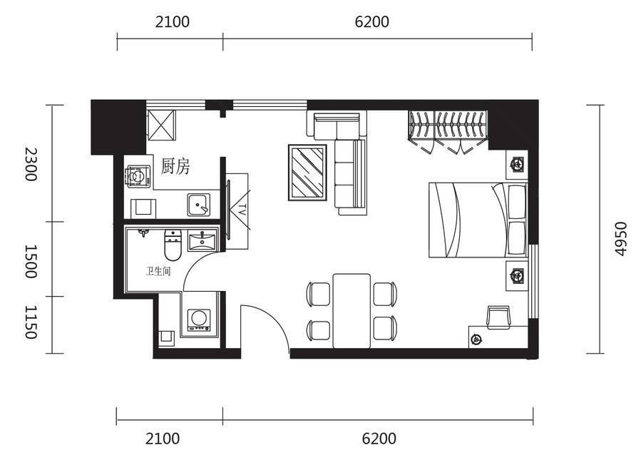 建发枫林湾公寓1室1厅1卫60.9㎡户型图