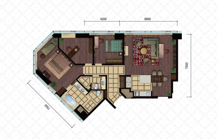 东方君悦2室2厅2卫190㎡户型图