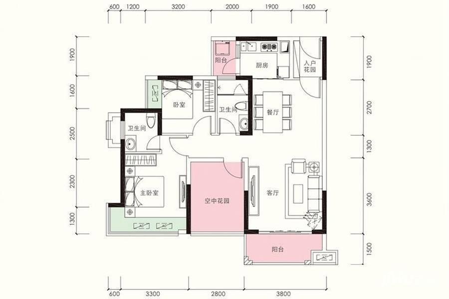 皇家翡翠湾3室2厅2卫96㎡户型图