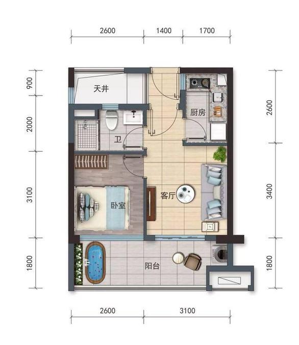 碧桂园花仙府墅1室1厅1卫47㎡户型图