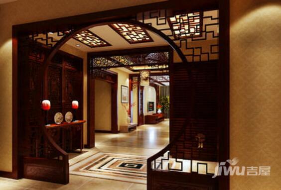 中式古典风格别墅门厅实木带镂空雕花圆形门洞隔断装修效果图